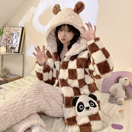 2024新款冬季加厚加绒珊瑚绒牛奶绒三层夹女保暖冬天休闲家居服睡衣套装 L06
