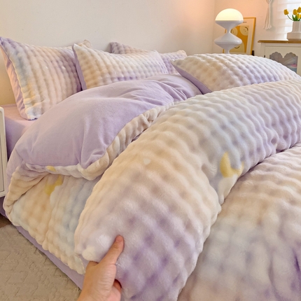 91家纺网 家纺一手货源 找家纺 （买家秀 爆款不断货）A类母婴级兔兔绒四件套小泡泡牛奶绒四件套珊瑚绒雪花绒四件套兔兔绒牛奶绒四件套 泡泡绒-星空紫