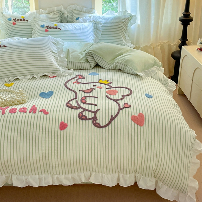 91家纺网 家纺一手货源 找家纺 泉欣家纺 2025新品韩系网红水洗棉卡通毛巾绣花小象考拉系列四件套（专版花型） 萌小象浅绿