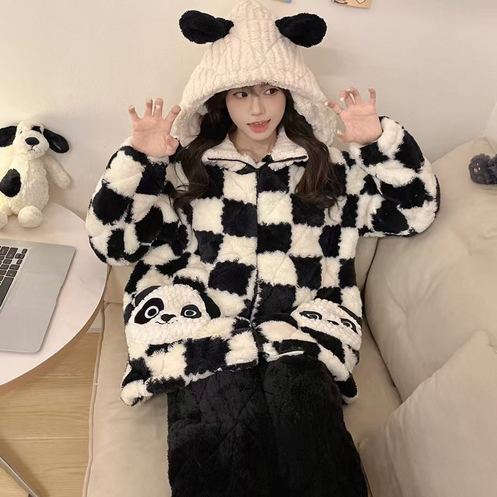 91家纺网 家纺一手货源 找家纺 2024新款冬季加厚加绒珊瑚绒牛奶绒三层夹女保暖冬天休闲家居服睡衣套装 L04