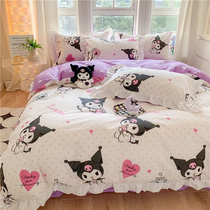 91家纺网 家纺一手货源 找家纺 玉元坊 2025新款三丽鸥系列白花边被套纯棉全棉床裙三件套四件套-库洛米白花边款式 甜筒库洛米