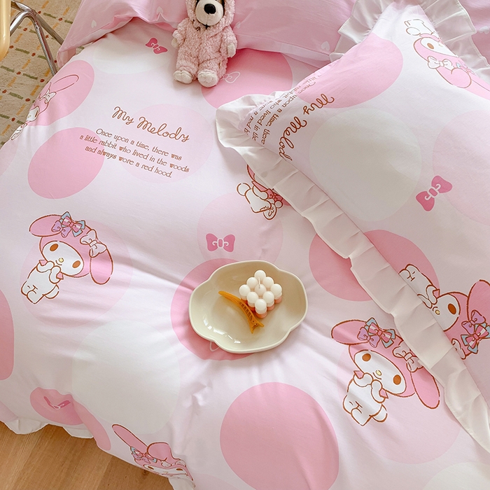 91家纺网 家纺一手货源 找家纺 玉元坊 2025新款三丽鸥系列白花边被套纯棉全棉床裙三件套四件套-美乐蒂白花边款式 圈圈美乐蒂【花边款】