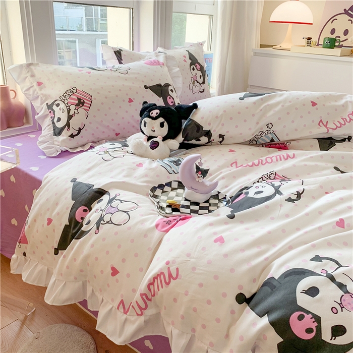 91家纺网 家纺一手货源 找家纺 玉元坊 2025新款三丽鸥系列白花边被套纯棉全棉床裙三件套四件套-库洛米白花边款式 甜筒库洛米