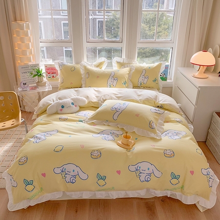 玉元坊 2025新款三丽鸥系列白花边被套纯棉全棉床裙三件套四件套-大耳狗白花边款式 柠檬大耳狗【花边款】