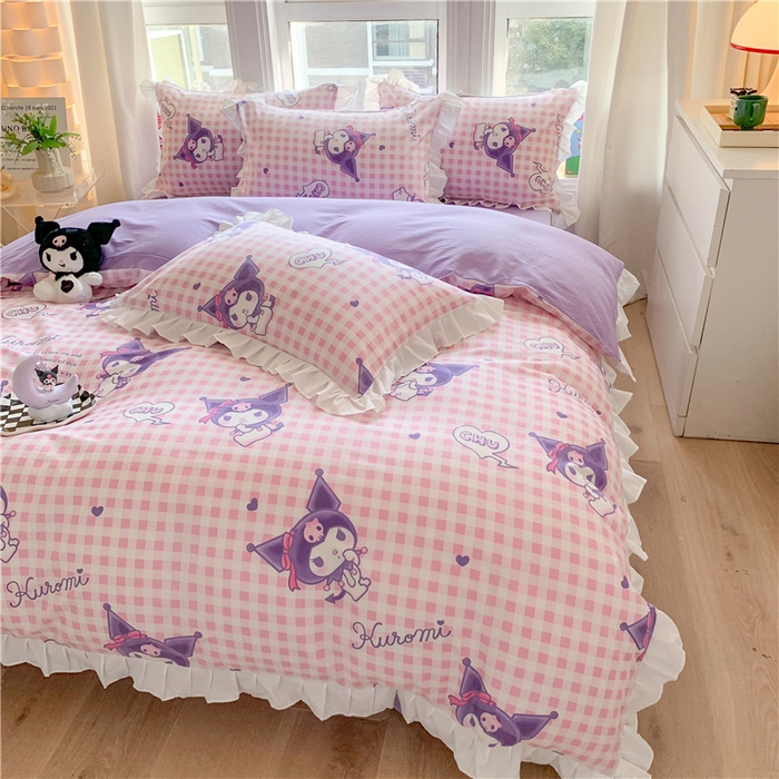 91家纺网 家纺一手货源 找家纺 玉元坊 2025新款三丽鸥系列白花边被套纯棉全棉床裙三件套四件套-库洛米白花边款式 库洛米之心