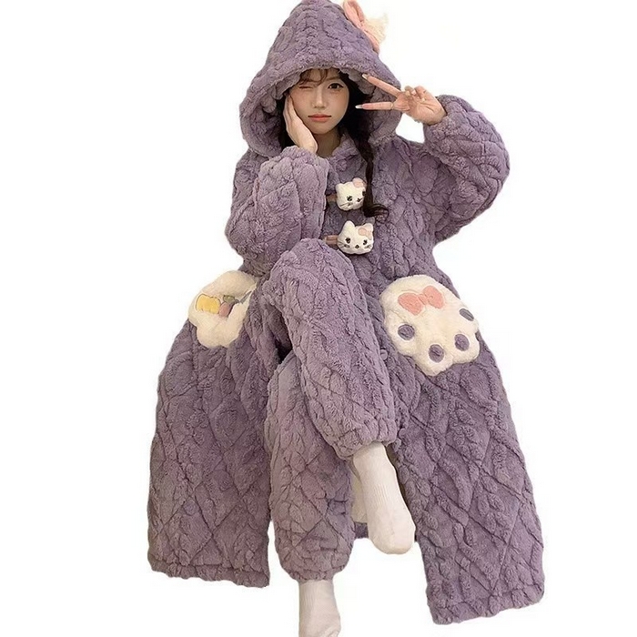 91家纺网 家纺一手货源 找家纺 2024新款冬季加厚加绒珊瑚绒三层夹棉袄女防水保暖冬天休闲家居服睡衣套装一件代发 L07