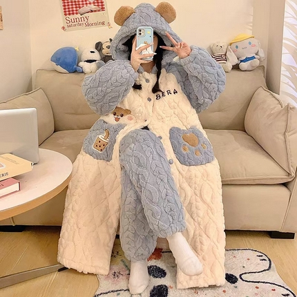 （总）2024新款冬季加厚加绒珊瑚绒三层夹棉袄女防水保暖冬天休闲家居服睡衣套装一件代发