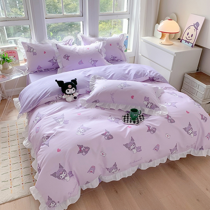 91家纺网 家纺一手货源 找家纺 玉元坊 2025新款三丽鸥系列白花边被套纯棉全棉床裙三件套四件套-库洛米白花边款式 库洛米宝贝【花边款】