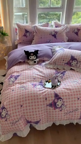 91家纺网 家纺一手货源 找家纺 玉元坊 2025新款三丽鸥系列白花边被套纯棉全棉床裙三件套四件套-库洛米白花边款式 库洛米之心