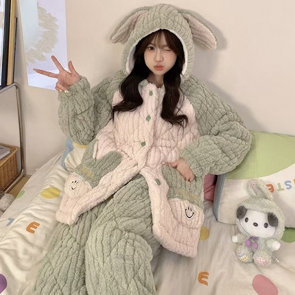 2024新款冬季加厚加绒珊瑚绒牛奶绒三层夹女保暖冬天休闲家居服睡衣套装 L01