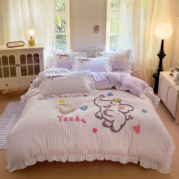 91家纺网 家纺一手货源 找家纺 泉欣家纺 2025新品韩系网红水洗棉卡通毛巾绣花小象考拉系列四件套（专版花型） 萌小象风铃紫