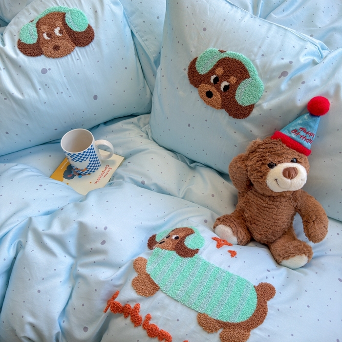 91家纺网 家纺一手货源 找家纺 曼之夏 2025新款全棉亲肤舒适毛巾绣四件套 毛巾绣-快乐狗