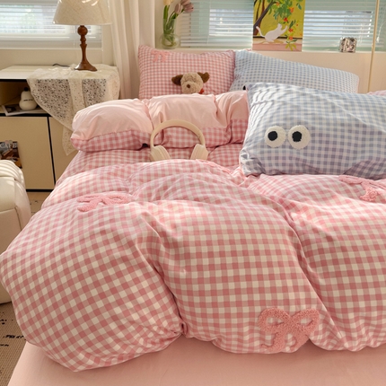 妖妖家纺 2025新款水洗云朵毛巾绣印+绣系列四件套 少女蝴蝶结-粉粉