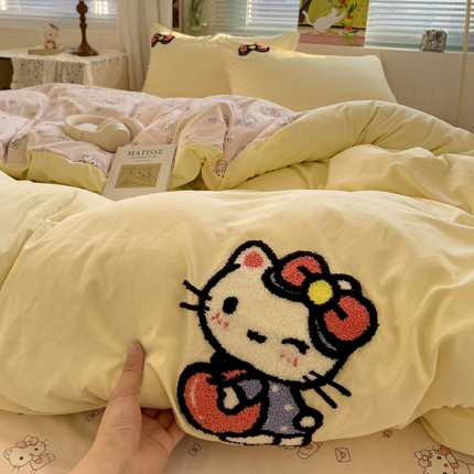 妖妖家纺 2025新款水洗云朵毛巾绣印+绣系列四件套 wink苹果粉-奶黄