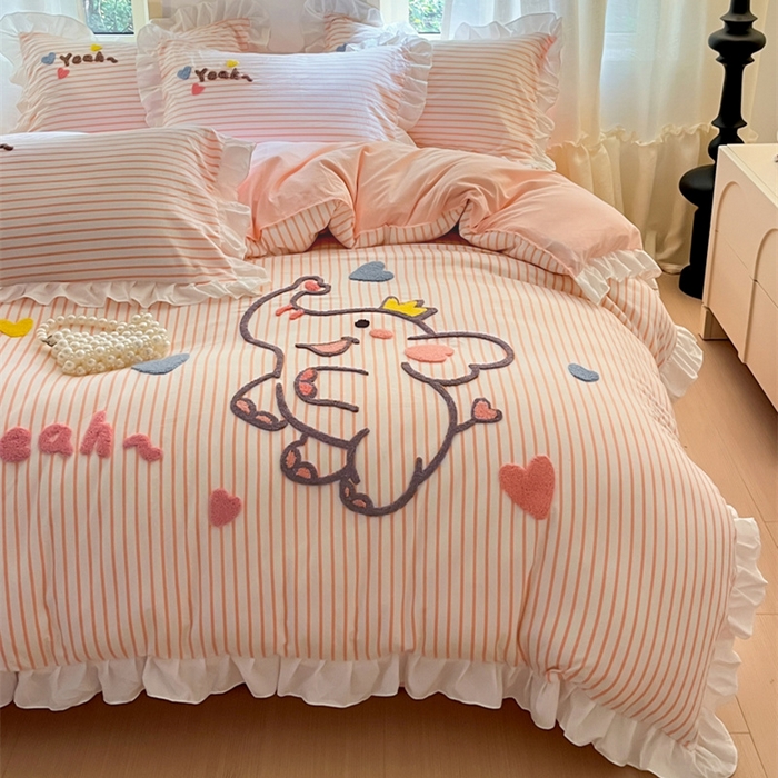 91家纺网 家纺一手货源 找家纺 泉欣家纺 2025新品韩系网红水洗棉卡通毛巾绣花小象考拉系列四件套（专版花型） 萌小象粉玉