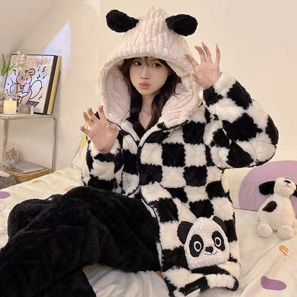 2024新款冬季加厚加绒珊瑚绒牛奶绒三层夹女保暖冬天休闲家居服睡衣套装 L04