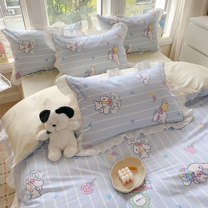 91家纺网 家纺一手货源 找家纺 玉元坊 2025新款三丽鸥系列白花边被套纯棉全棉床裙三件套四件套-大耳狗白花边款式 星星大耳狗【花边款】