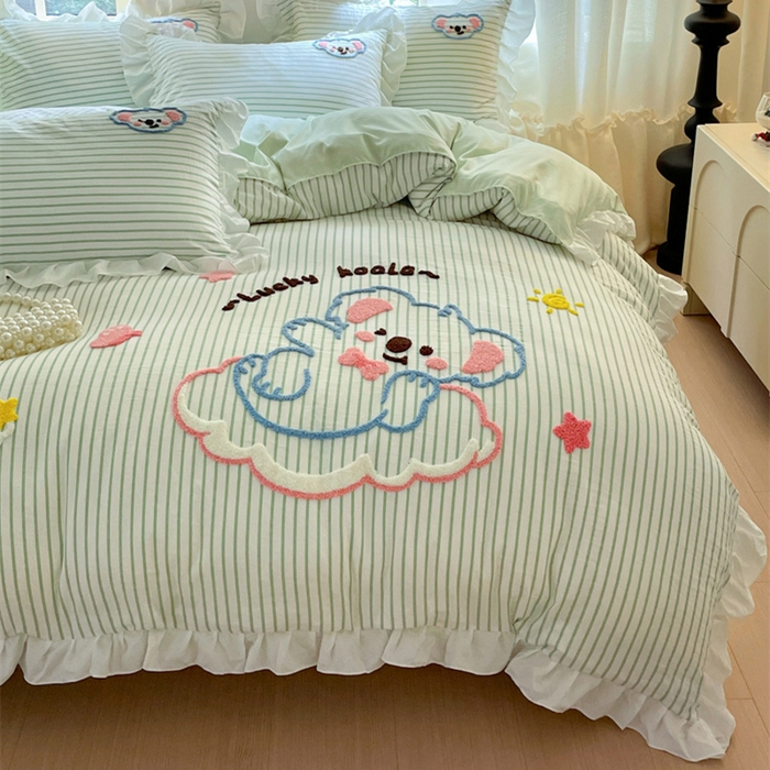 91家纺网 家纺一手货源 找家纺 泉欣家纺 2025新品韩系网红水洗棉卡通毛巾绣花小象考拉系列四件套（专版花型） 云朵考拉浅绿