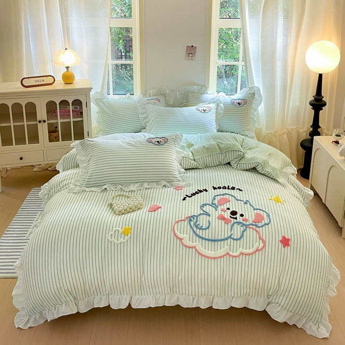 91家纺网 家纺一手货源 找家纺 泉欣家纺 2025新品韩系网红水洗棉卡通毛巾绣花小象考拉系列四件套（专版花型） 云朵考拉浅绿