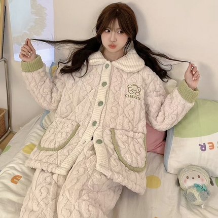 2024新款冬季加厚加绒珊瑚绒牛奶绒三层夹女保暖冬天休闲家居服睡衣套装 L05