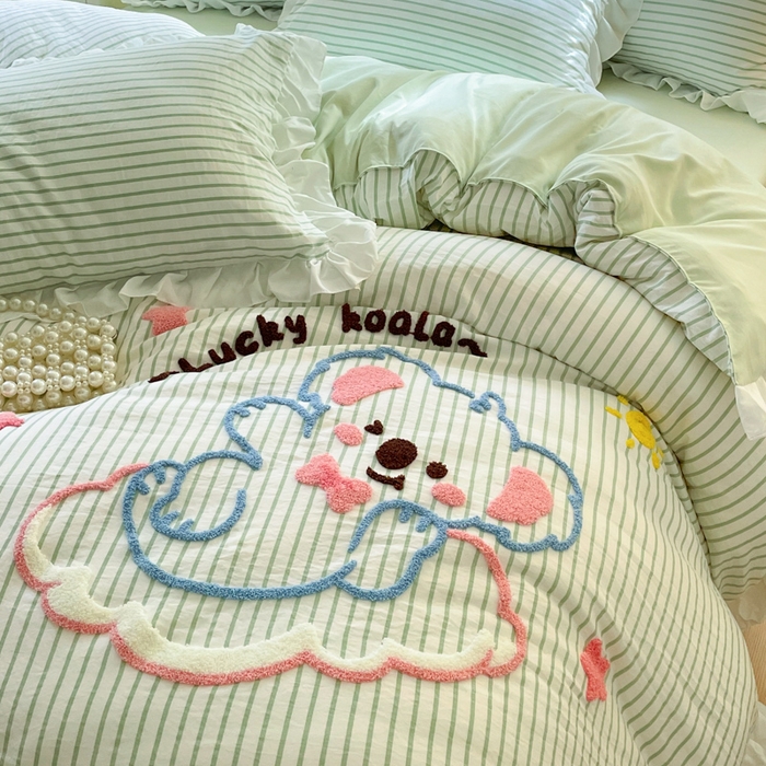 91家纺网 家纺一手货源 找家纺 泉欣家纺 2025新品韩系网红水洗棉卡通毛巾绣花小象考拉系列四件套（专版花型） 云朵考拉浅绿