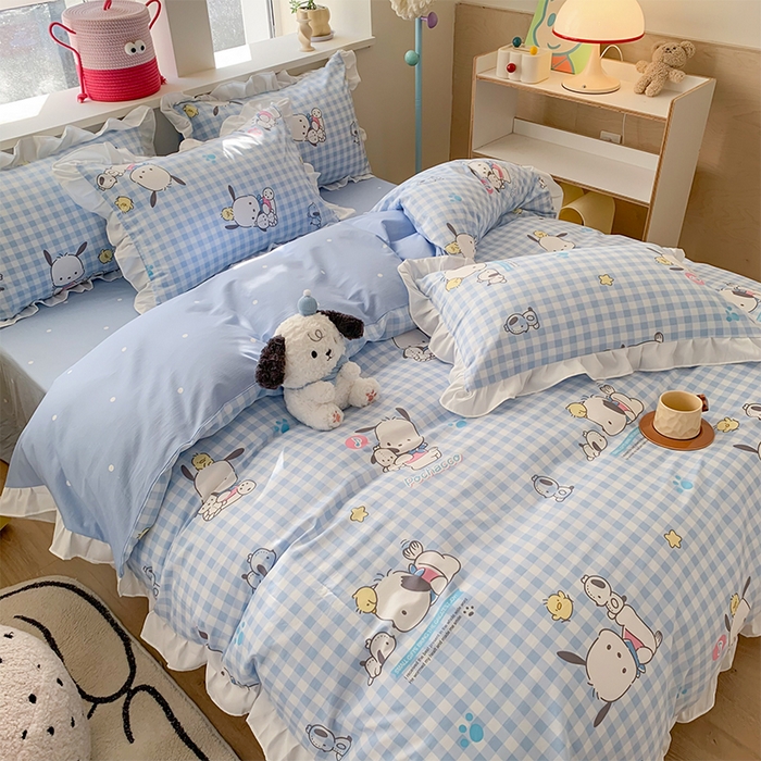 91家纺网 家纺一手货源 找家纺 （总）玉元坊 2025新款三丽鸥系列白花边被套纯棉全棉床裙三件套四件套-帕恰狗白花边款式