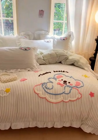 91家纺网 家纺一手货源 找家纺 泉欣家纺 2025新品韩系网红水洗棉卡通毛巾绣花小象考拉系列四件套（专版花型） 云朵考拉浅绿