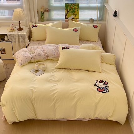 91家纺网 家纺一手货源 找家纺 妖妖家纺 2025新款水洗云朵毛巾绣印+绣系列四件套 wink苹果粉-奶黄