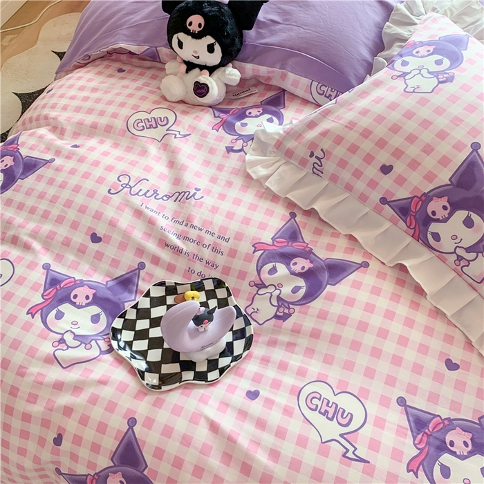 91家纺网 家纺一手货源 找家纺 玉元坊 2025新款三丽鸥系列白花边被套纯棉全棉床裙三件套四件套-库洛米白花边款式 库洛米之心