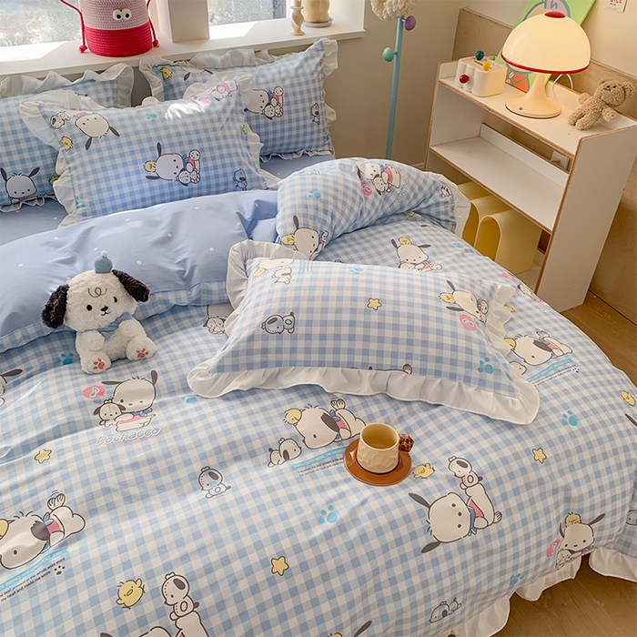 91家纺网 家纺一手货源 找家纺 （总）玉元坊 2025新款三丽鸥系列白花边被套纯棉全棉床裙三件套四件套-帕恰狗白花边款式