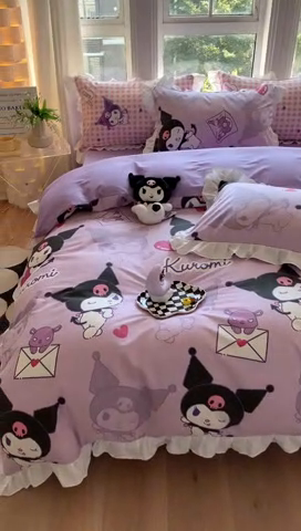 91家纺网 家纺一手货源 找家纺 玉元坊 2025新款三丽鸥系列白花边被套纯棉全棉床裙三件套四件套-库洛米白花边款式 库洛米