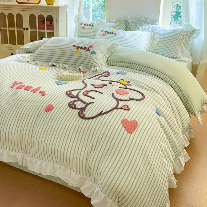 91家纺网 家纺一手货源 找家纺 泉欣家纺 2025新品韩系网红水洗棉卡通毛巾绣花小象考拉系列四件套（专版花型） 萌小象浅绿