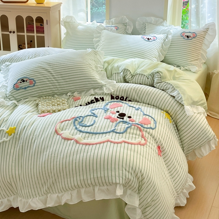 91家纺网 家纺一手货源 找家纺 泉欣家纺 2025新品韩系网红水洗棉卡通毛巾绣花小象考拉系列四件套（专版花型） 云朵考拉浅绿