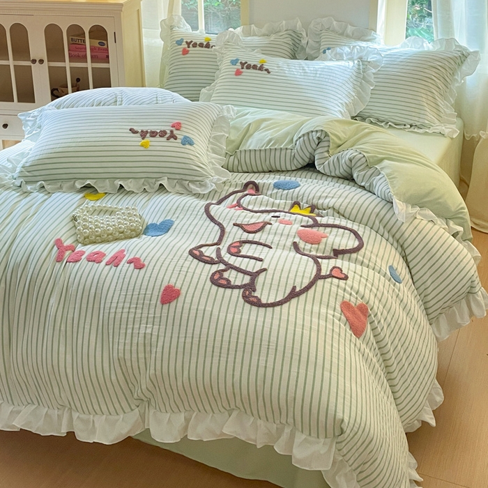 91家纺网 家纺一手货源 找家纺 泉欣家纺 2025新品韩系网红水洗棉卡通毛巾绣花小象考拉系列四件套（专版花型） 萌小象浅绿