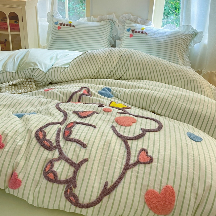 91家纺网 家纺一手货源 找家纺 泉欣家纺 2025新品韩系网红水洗棉卡通毛巾绣花小象考拉系列四件套（专版花型） 萌小象浅绿