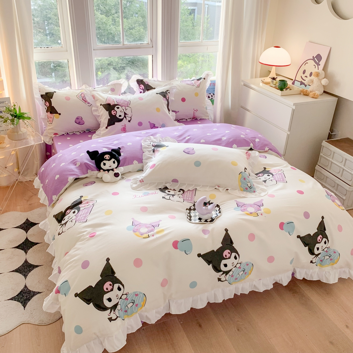 91家纺网 家纺一手货源 找家纺 玉元坊 2025新款三丽鸥系列白花边被套纯棉全棉床裙三件套四件套-库洛米白花边款式 波点库洛米