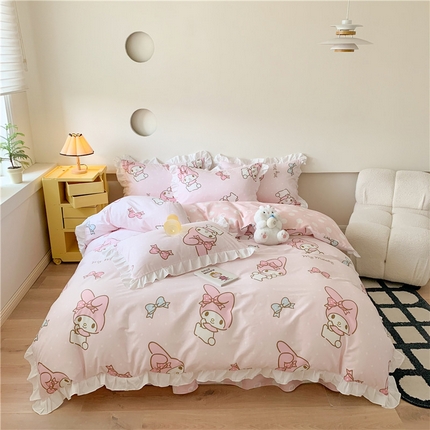 玉元坊 2025新款三丽鸥系列白花边被套纯棉全棉床裙三件套四件套-美乐蒂白花边款式 花边-蝴蝶结美乐蒂