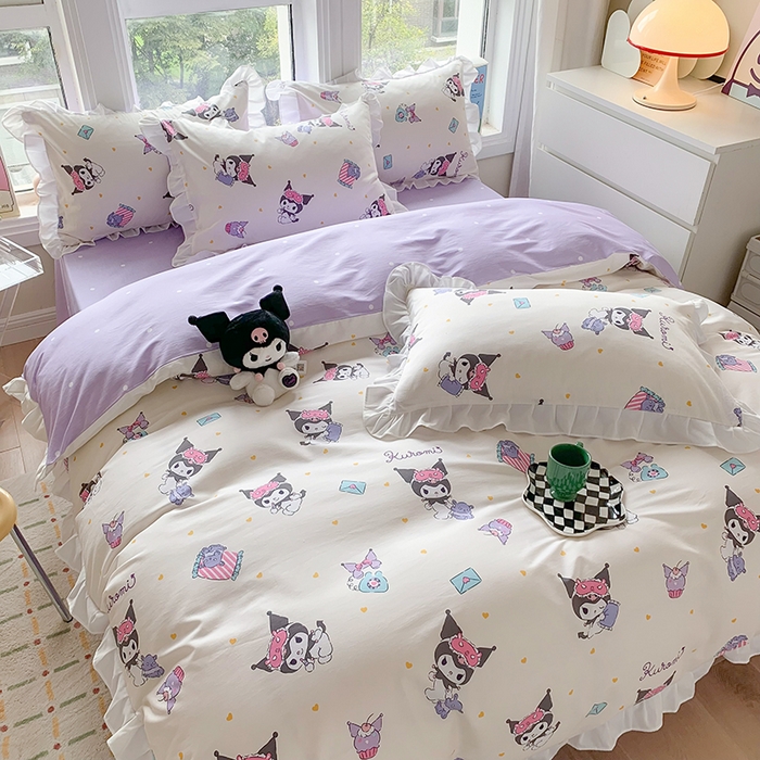 91家纺网 家纺一手货源 找家纺 玉元坊 2025新款三丽鸥系列白花边被套纯棉全棉床裙三件套四件套-库洛米白花边款式 库洛米伙伴【花边款】