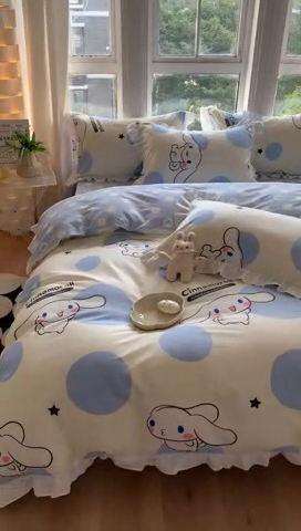 91家纺网 家纺一手货源 找家纺 玉元坊 2025新款三丽鸥系列白花边被套纯棉全棉床裙三件套四件套-大耳狗白花边款式 波点玉桂狗