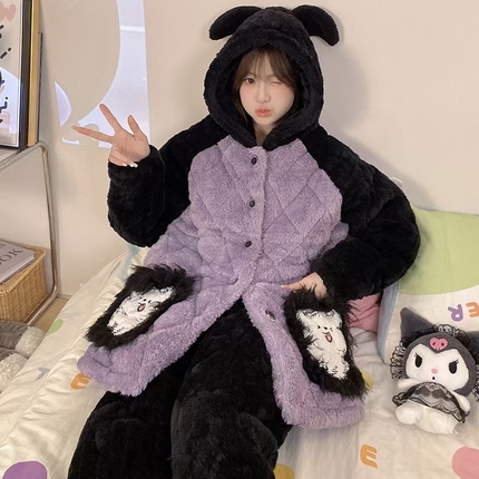 2024新款冬季加厚加绒珊瑚绒牛奶绒三层夹女保暖冬天休闲家居服睡衣套装 L03
