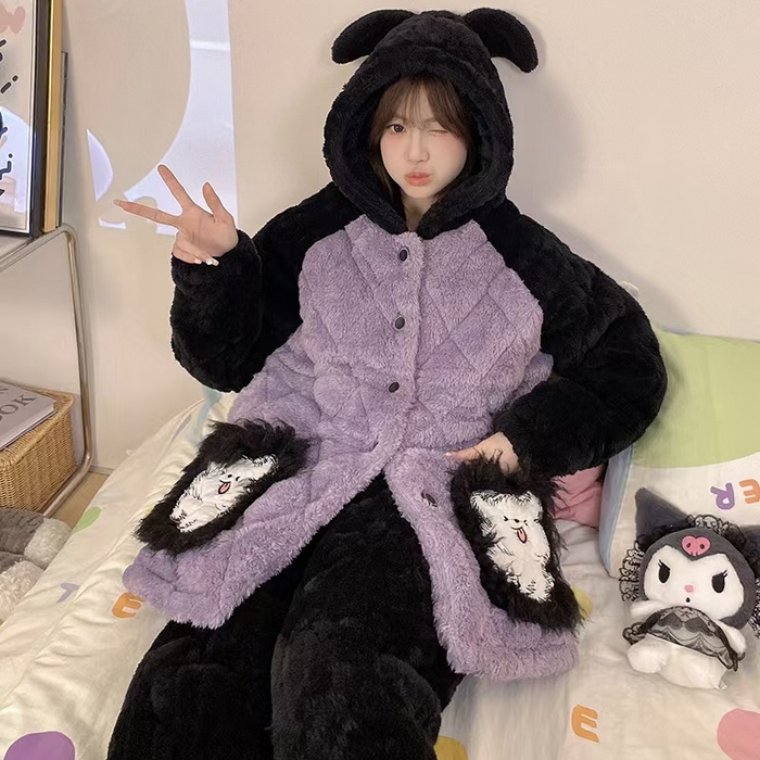 91家纺网 家纺一手货源 找家纺 2024新款冬季加厚加绒珊瑚绒牛奶绒三层夹女保暖冬天休闲家居服睡衣套装 L03