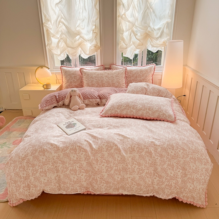 91家纺网 家纺一手货源 找家纺 千朵 2025新款棉加豆豆绒毛毛球边四件套 梦幻