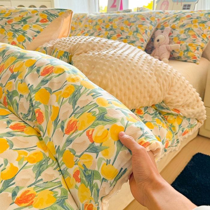 91家纺网 家纺一手货源 找家纺 千朵 2025新款全棉加豆豆绒四件套 郁金香黄