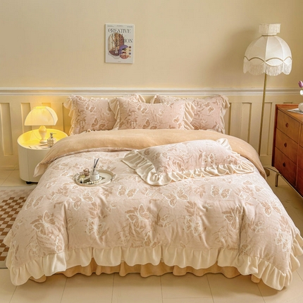 大麦家纺 2024新款高克重牛奶绒夹棉床盖四件套 梦蝶咖