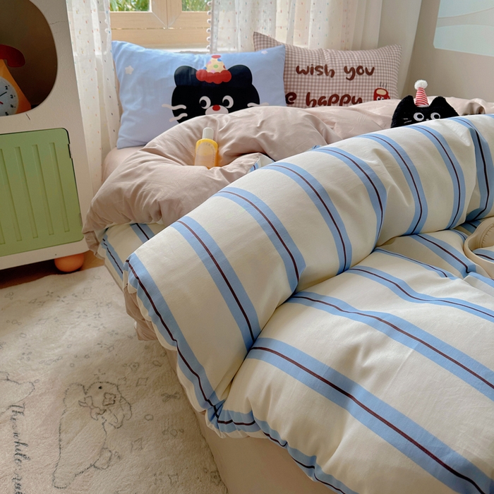 91家纺网 家纺一手货源 找家纺 美乐迪家纺 2025新款全棉绣花毛巾绣四件套 条纹黑猫