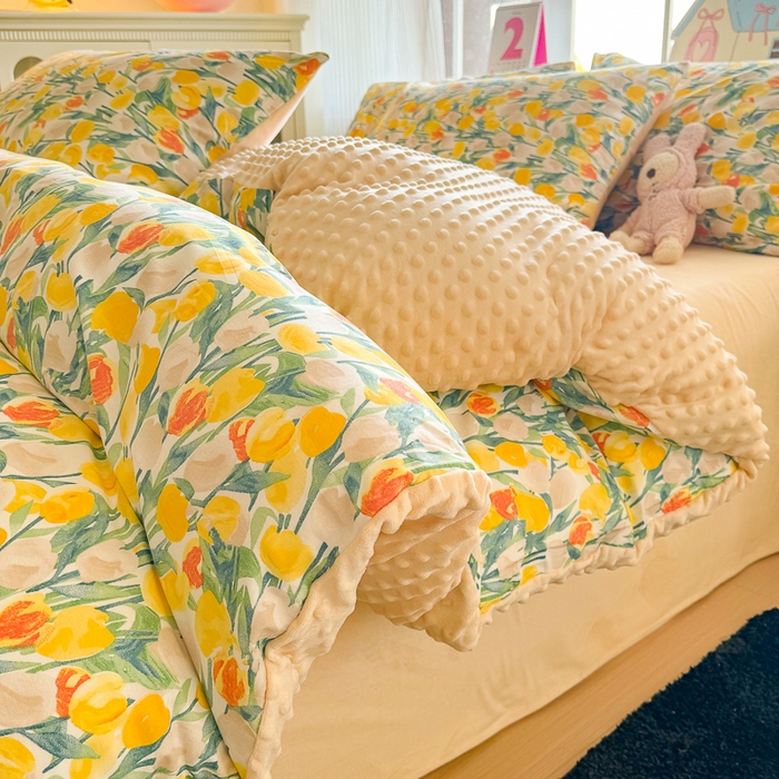 91家纺网 家纺一手货源 找家纺 千朵 2025新款全棉加豆豆绒四件套 郁金香黄