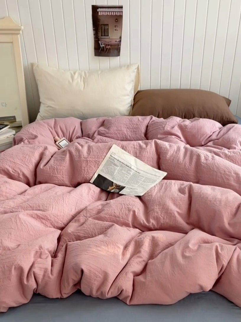 91家纺网 家纺一手货源 找家纺 2025新款ins博主风纯色混搭双色水洗m四件套（软糯舒适，非市场普通面料！！！） 多色水洗m-粉雾麦蓝