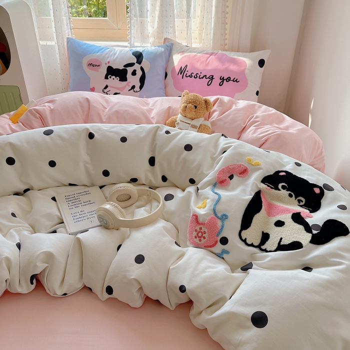 91家纺网 家纺一手货源 找家纺 美乐迪家纺 2025新款全棉绣花毛巾绣四件套 波点猫咪