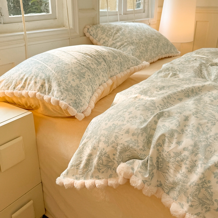 91家纺网 家纺一手货源 找家纺 （总）千朵 2025新款棉加豆豆绒毛毛球边四件套