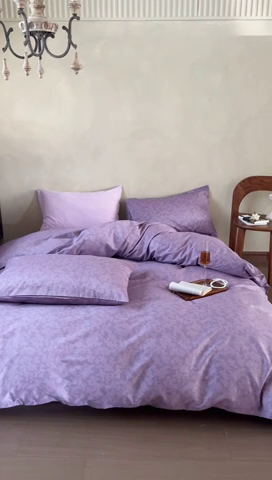 91家纺网 家纺一手货源 找家纺 窝米 2025春季新品全棉13370系列全棉治愈风花卉系列四件套 蕾丝-紫